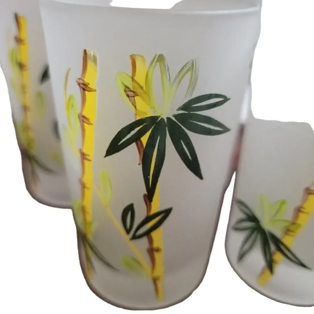 MCM Frosted Glassware Set‎ of 5 8 oz Tropical Bamboo Theme Green Yellow